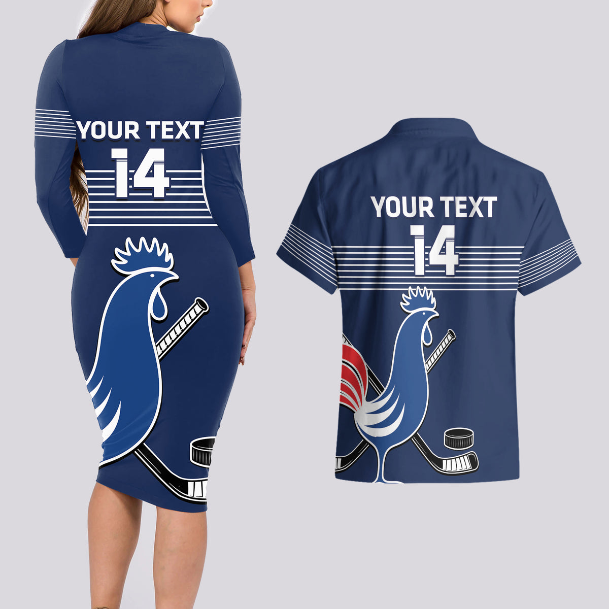 Custom France Hockey Couples Matching Long Sleeve Bodycon Dress and Hawaiian Shirt Francaise Gallic Rooster - Wonder Print Shop