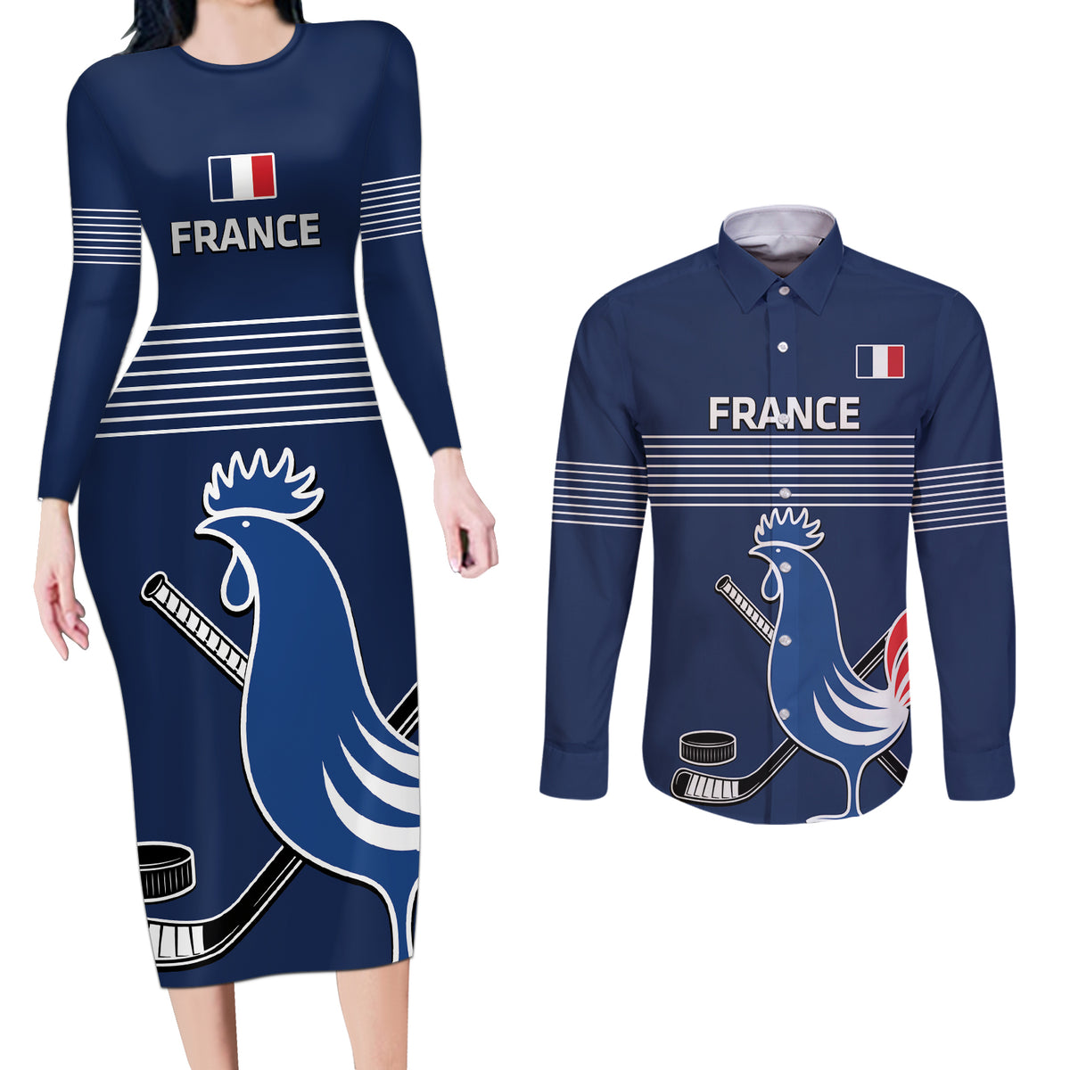 Custom France Hockey Couples Matching Long Sleeve Bodycon Dress and Long Sleeve Button Shirt Francaise Gallic Rooster - Wonder Print Shop