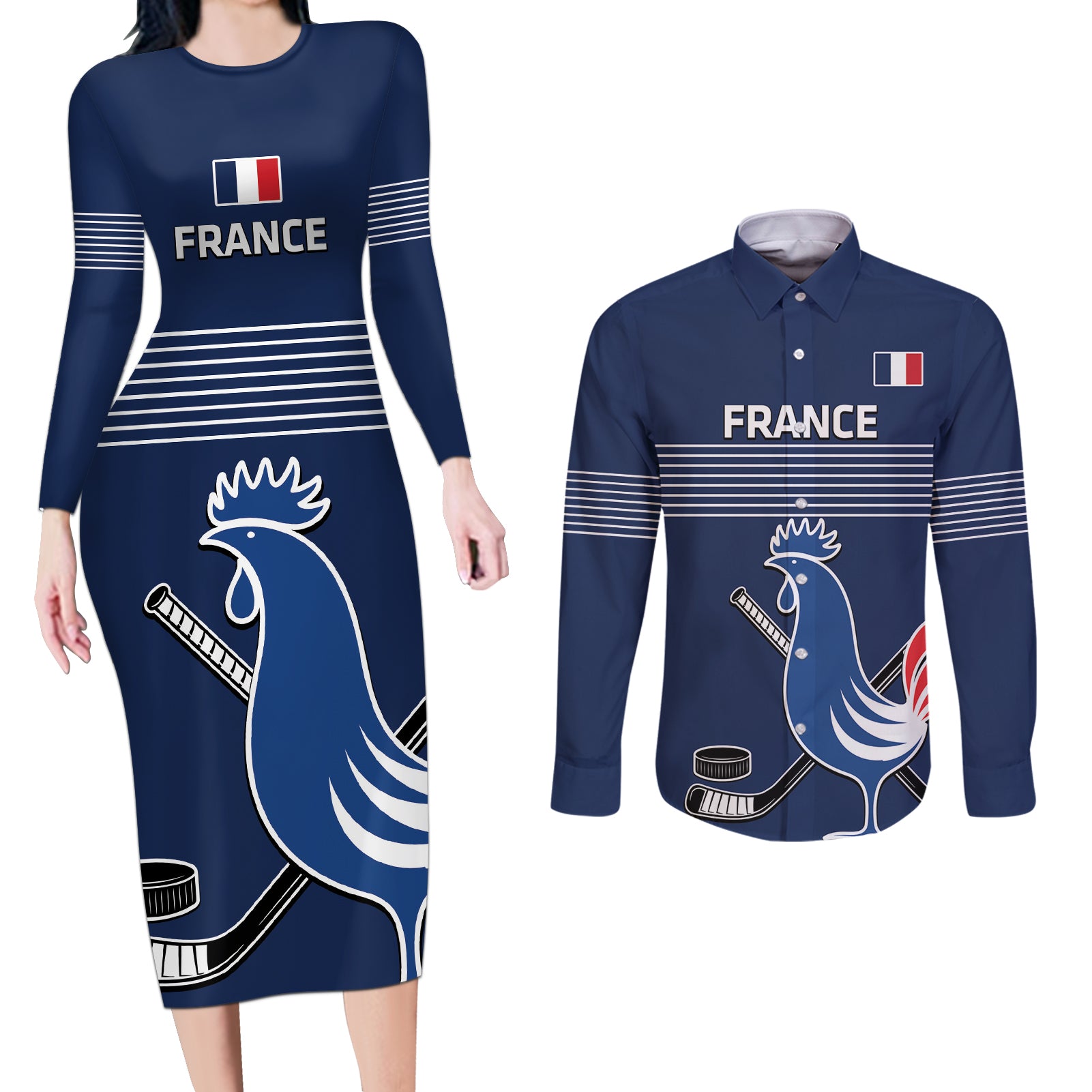Custom France Hockey Couples Matching Long Sleeve Bodycon Dress and Long Sleeve Button Shirt Francaise Gallic Rooster