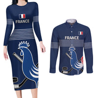 Custom France Hockey Couples Matching Long Sleeve Bodycon Dress and Long Sleeve Button Shirt Francaise Gallic Rooster - Wonder Print Shop