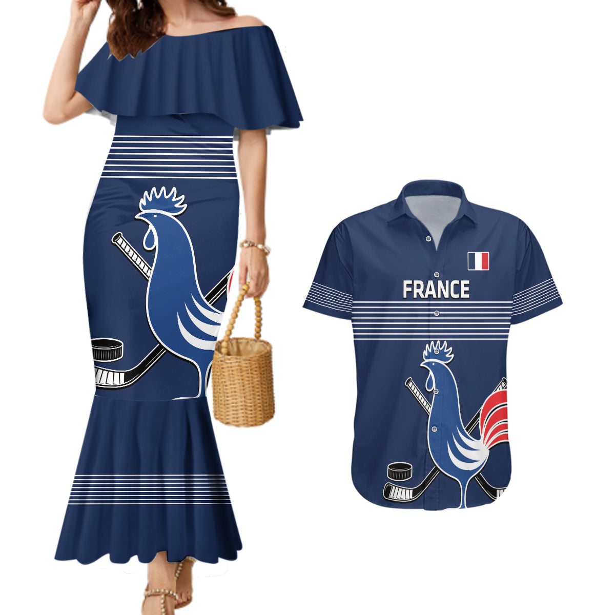 Custom France Hockey Couples Matching Mermaid Dress and Hawaiian Shirt Francaise Gallic Rooster