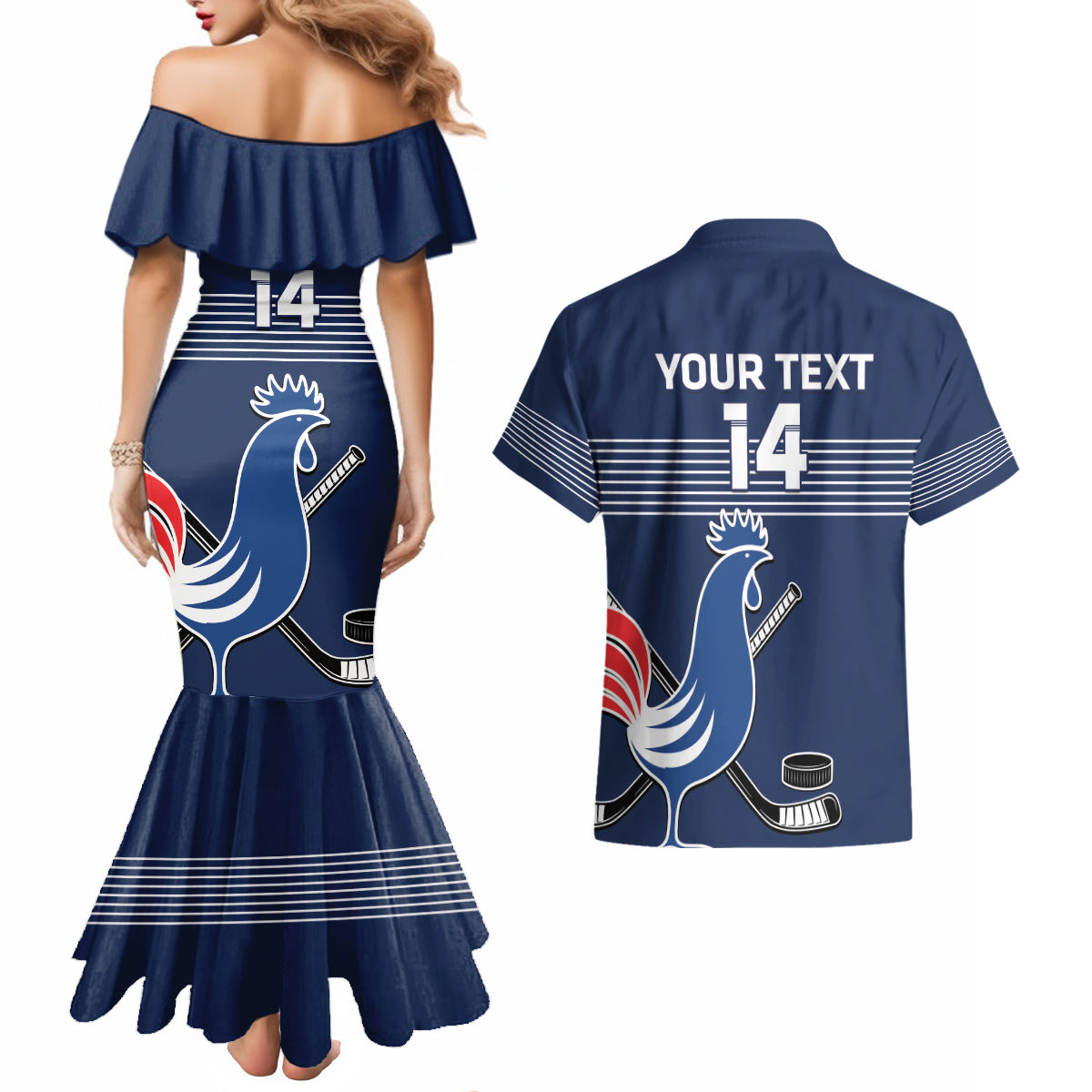 Custom France Hockey Couples Matching Mermaid Dress and Hawaiian Shirt Francaise Gallic Rooster - Wonder Print Shop