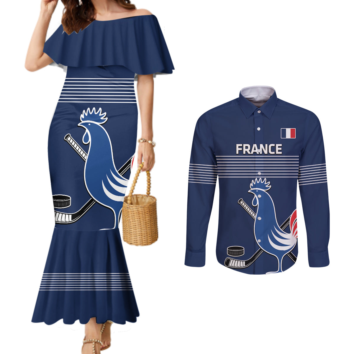 Custom France Hockey Couples Matching Mermaid Dress and Long Sleeve Button Shirt Francaise Gallic Rooster