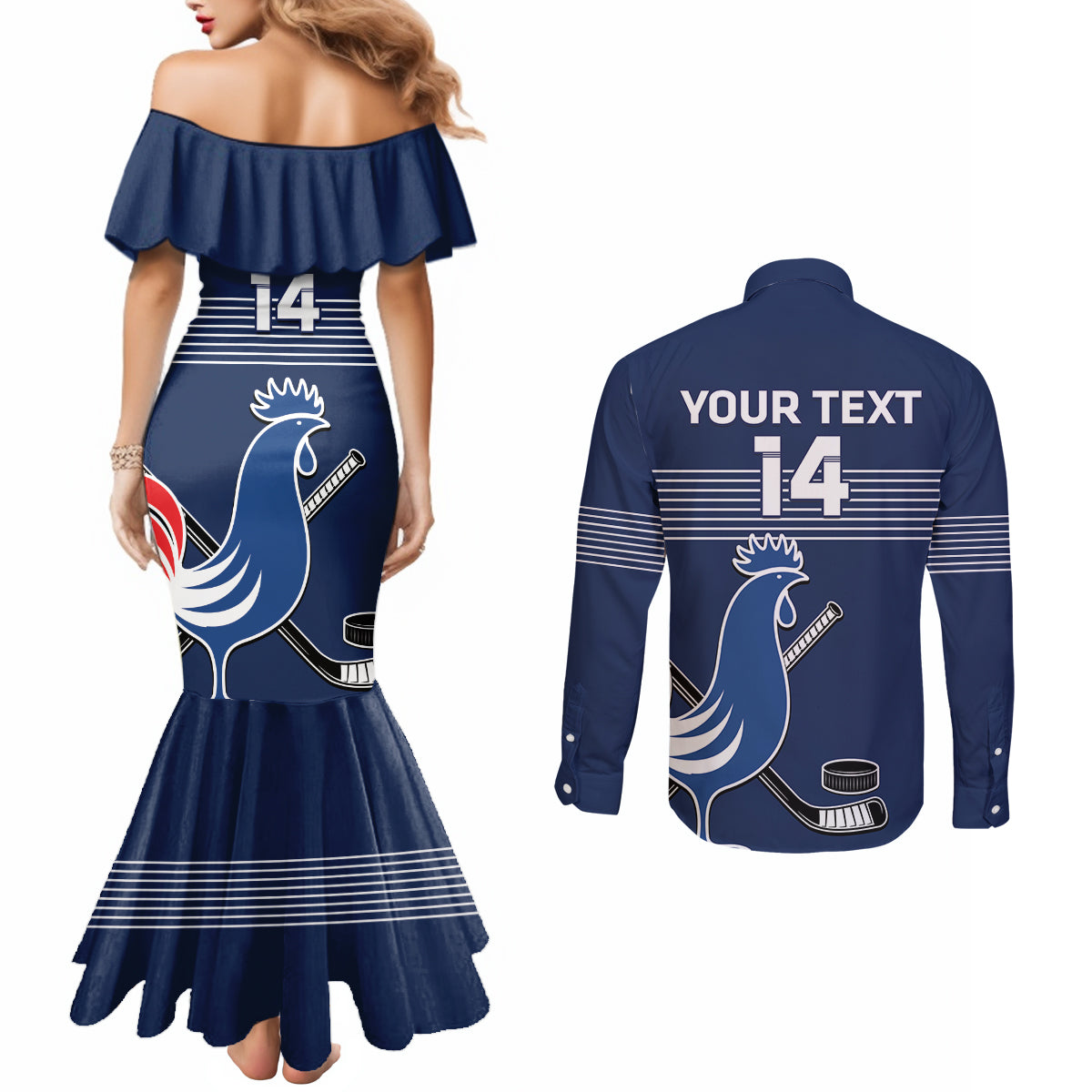Custom France Hockey Couples Matching Mermaid Dress and Long Sleeve Button Shirt Francaise Gallic Rooster