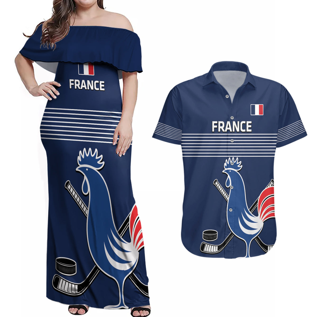 Custom France Hockey Couples Matching Off Shoulder Maxi Dress and Hawaiian Shirt Francaise Gallic Rooster - Wonder Print Shop