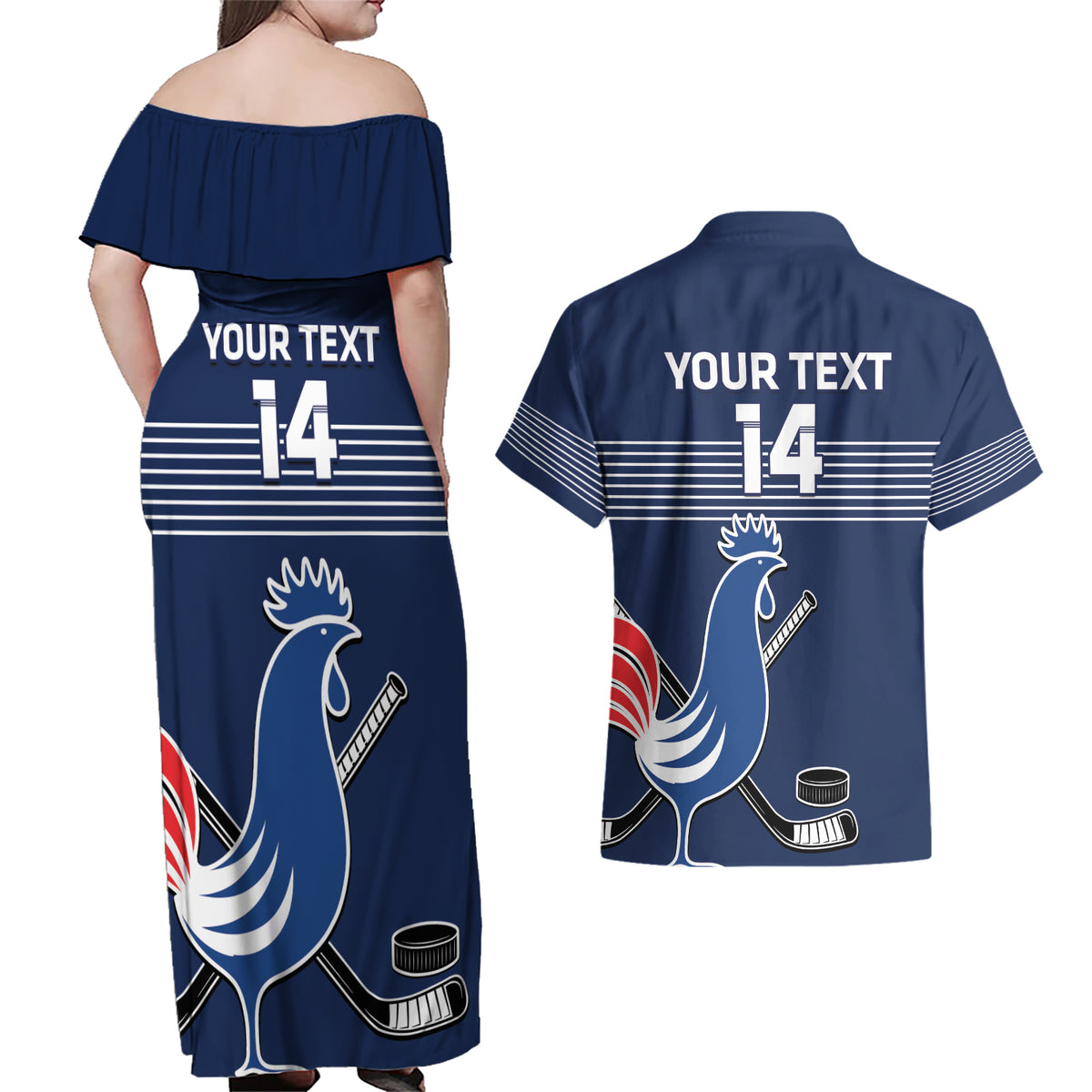 Custom France Hockey Couples Matching Off Shoulder Maxi Dress and Hawaiian Shirt Francaise Gallic Rooster - Wonder Print Shop