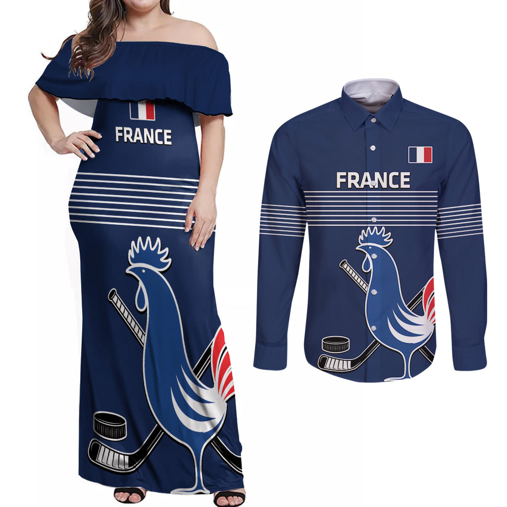 Custom France Hockey Couples Matching Off Shoulder Maxi Dress and Long Sleeve Button Shirt Francaise Gallic Rooster