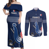 Custom France Hockey Couples Matching Off Shoulder Maxi Dress and Long Sleeve Button Shirt Francaise Gallic Rooster - Wonder Print Shop