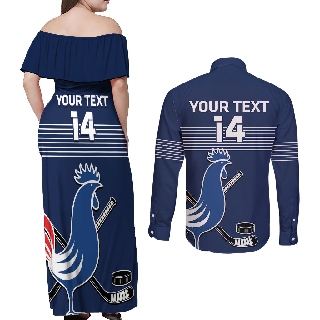 Custom France Hockey Couples Matching Off Shoulder Maxi Dress and Long Sleeve Button Shirt Francaise Gallic Rooster - Wonder Print Shop
