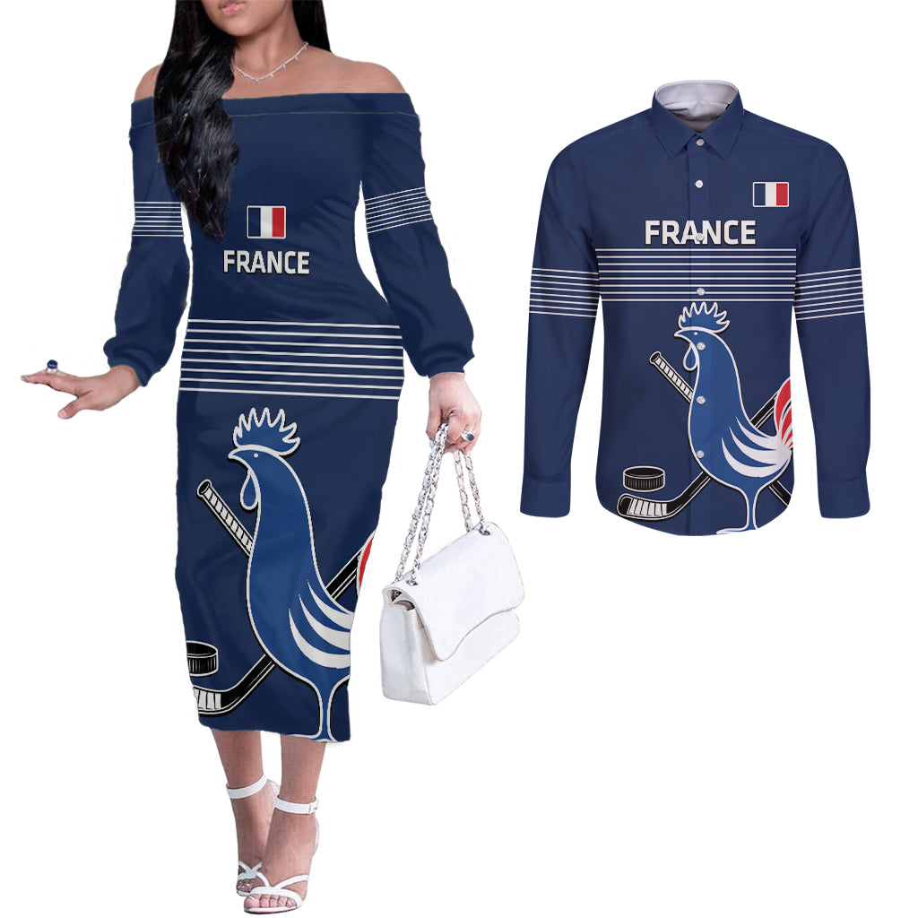 Custom France Hockey Couples Matching Off The Shoulder Long Sleeve Dress and Long Sleeve Button Shirt Francaise Gallic Rooster