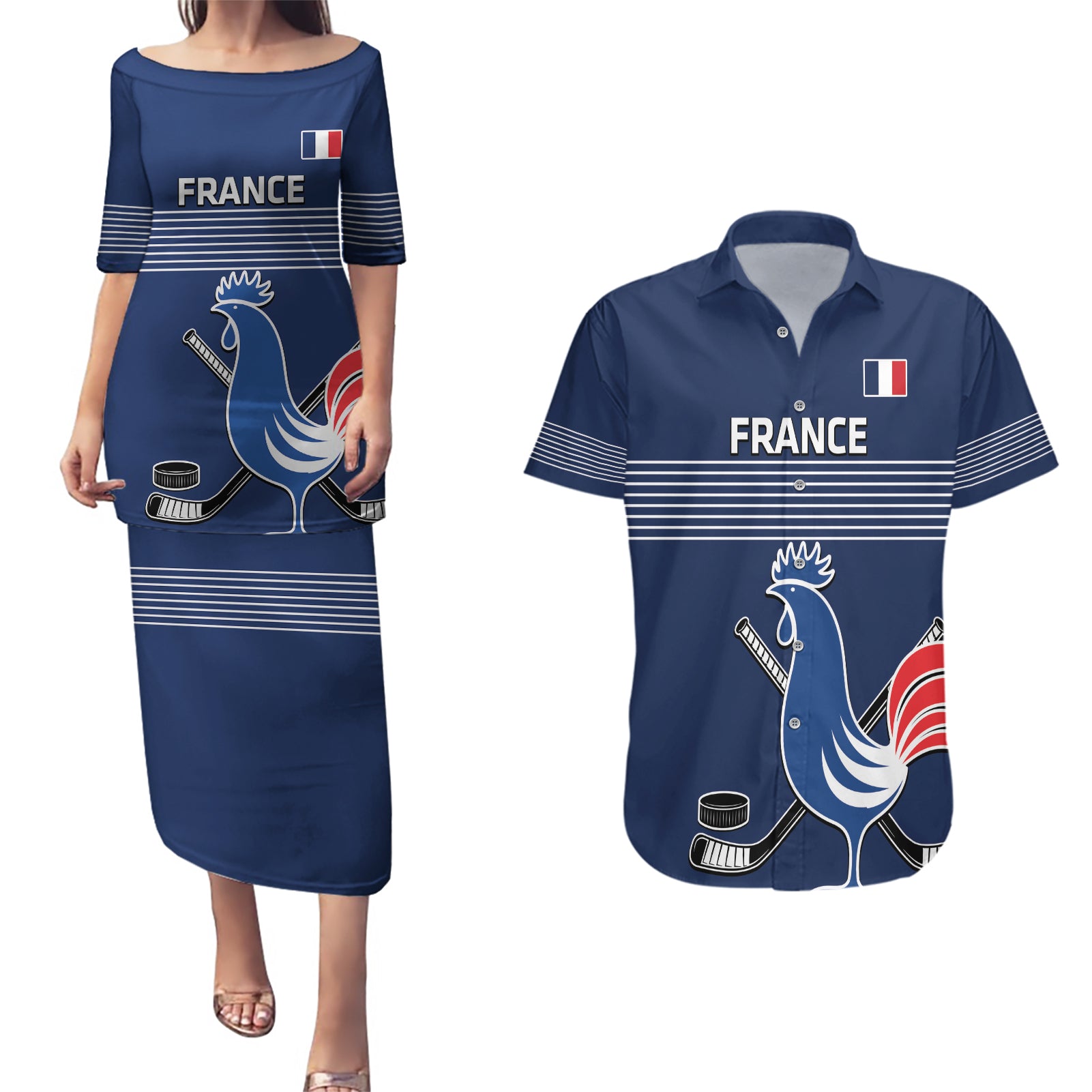 Custom France Hockey Couples Matching Puletasi and Hawaiian Shirt Francaise Gallic Rooster