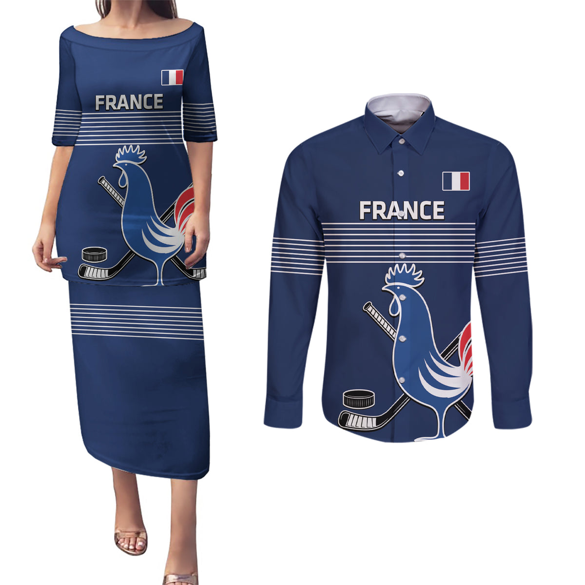 Custom France Hockey Couples Matching Puletasi and Long Sleeve Button Shirt Francaise Gallic Rooster - Wonder Print Shop