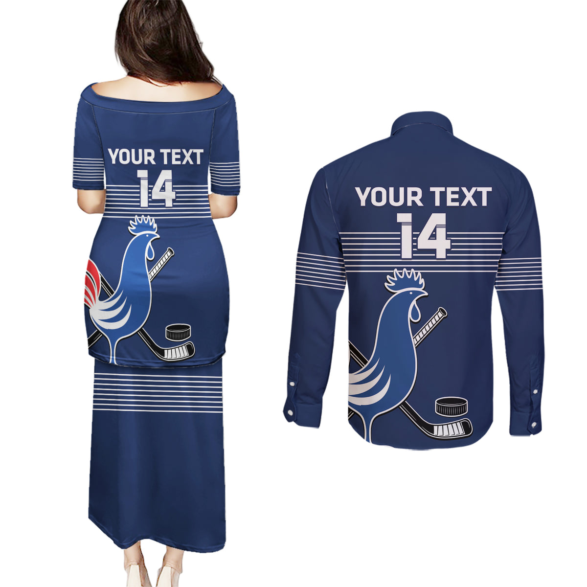 Custom France Hockey Couples Matching Puletasi and Long Sleeve Button Shirt Francaise Gallic Rooster - Wonder Print Shop