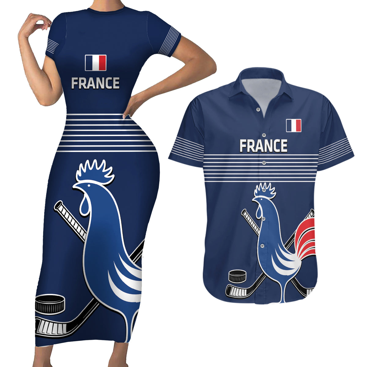 Custom France Hockey Couples Matching Short Sleeve Bodycon Dress and Hawaiian Shirt Francaise Gallic Rooster - Wonder Print Shop