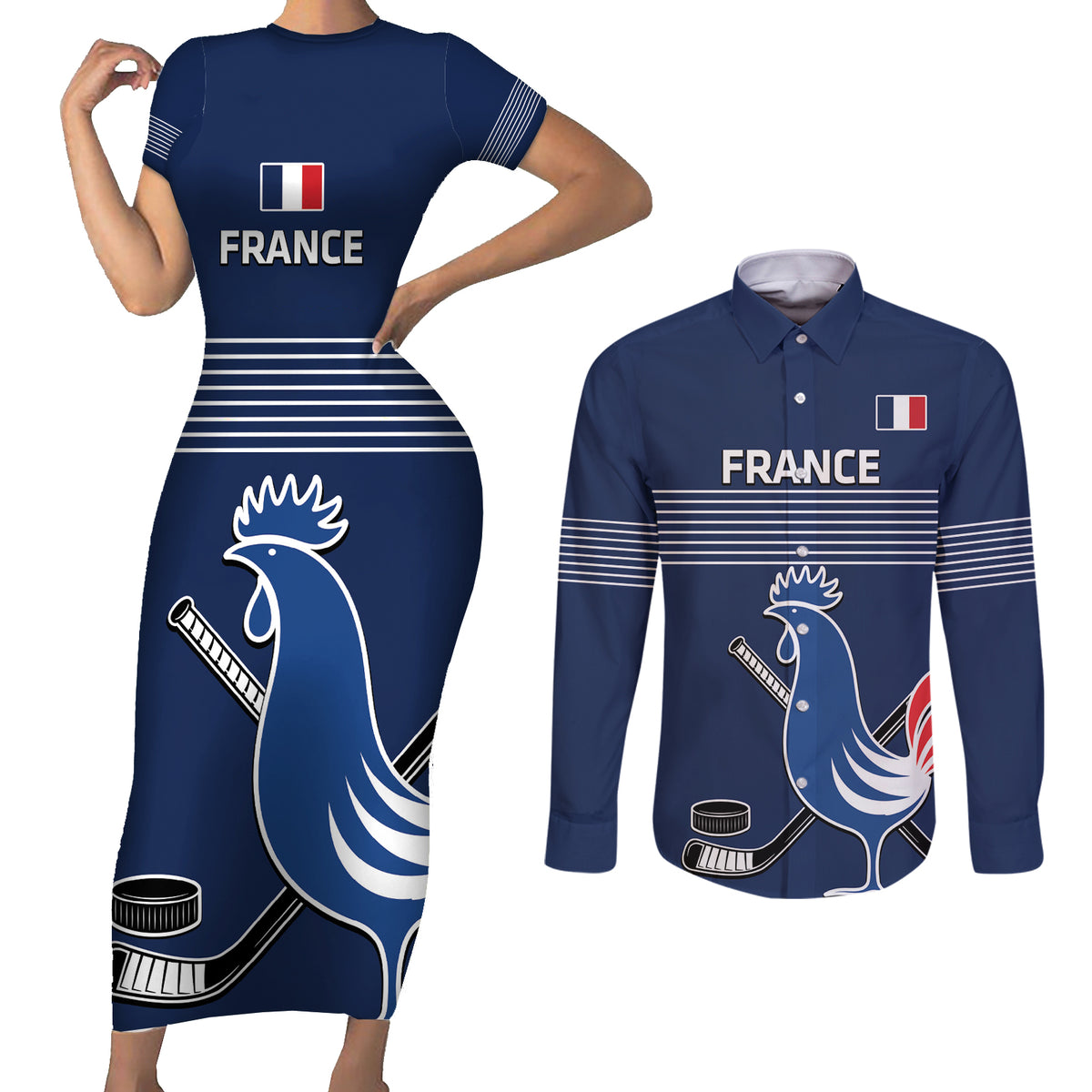 Custom France Hockey Couples Matching Short Sleeve Bodycon Dress and Long Sleeve Button Shirt Francaise Gallic Rooster - Wonder Print Shop