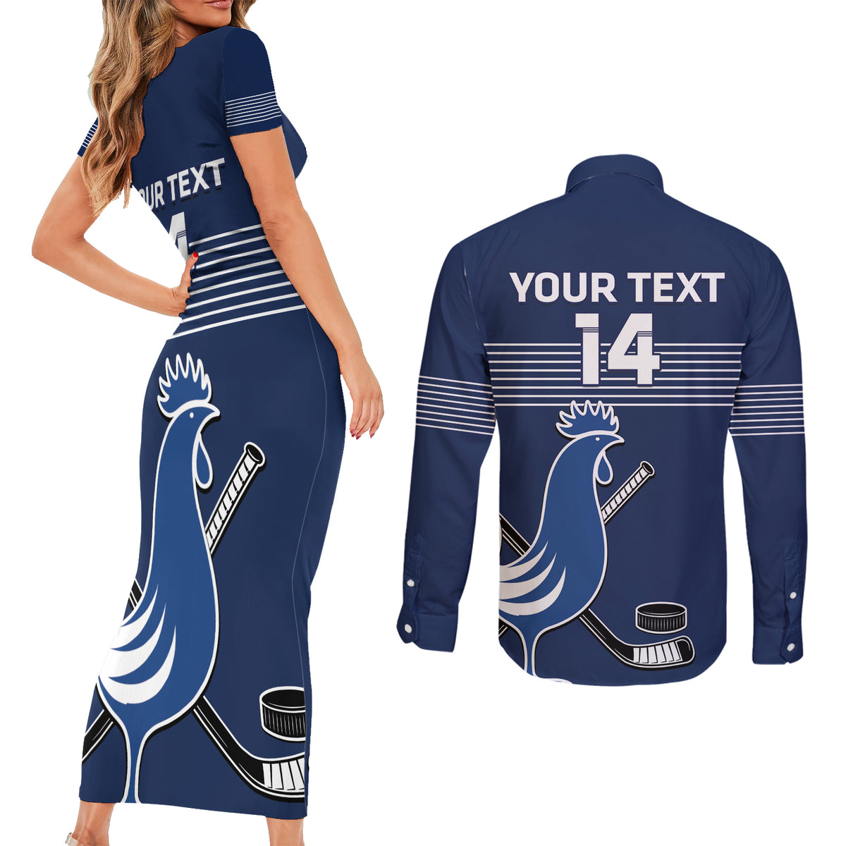 Custom France Hockey Couples Matching Short Sleeve Bodycon Dress and Long Sleeve Button Shirt Francaise Gallic Rooster - Wonder Print Shop