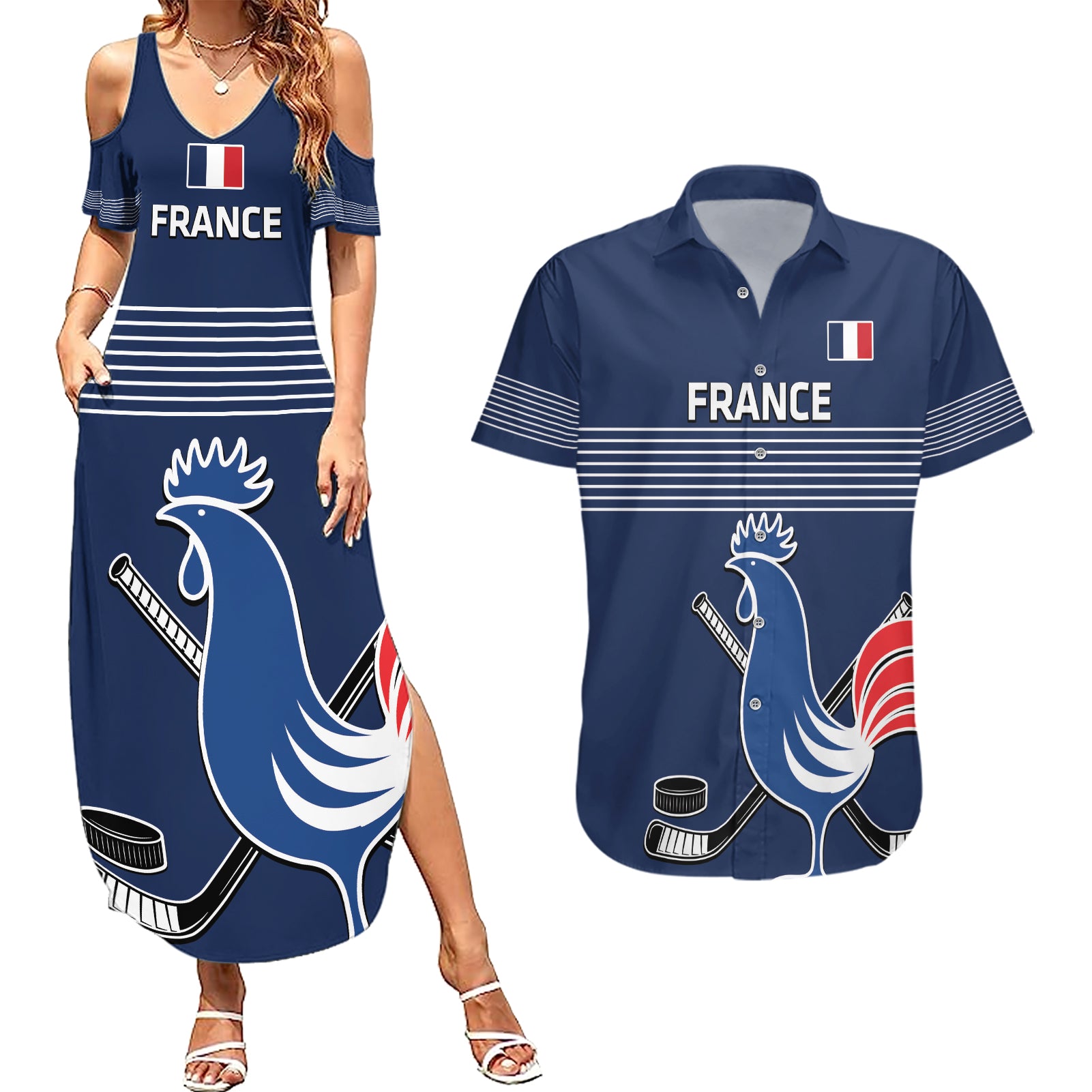 Custom France Hockey Couples Matching Summer Maxi Dress and Hawaiian Shirt Francaise Gallic Rooster