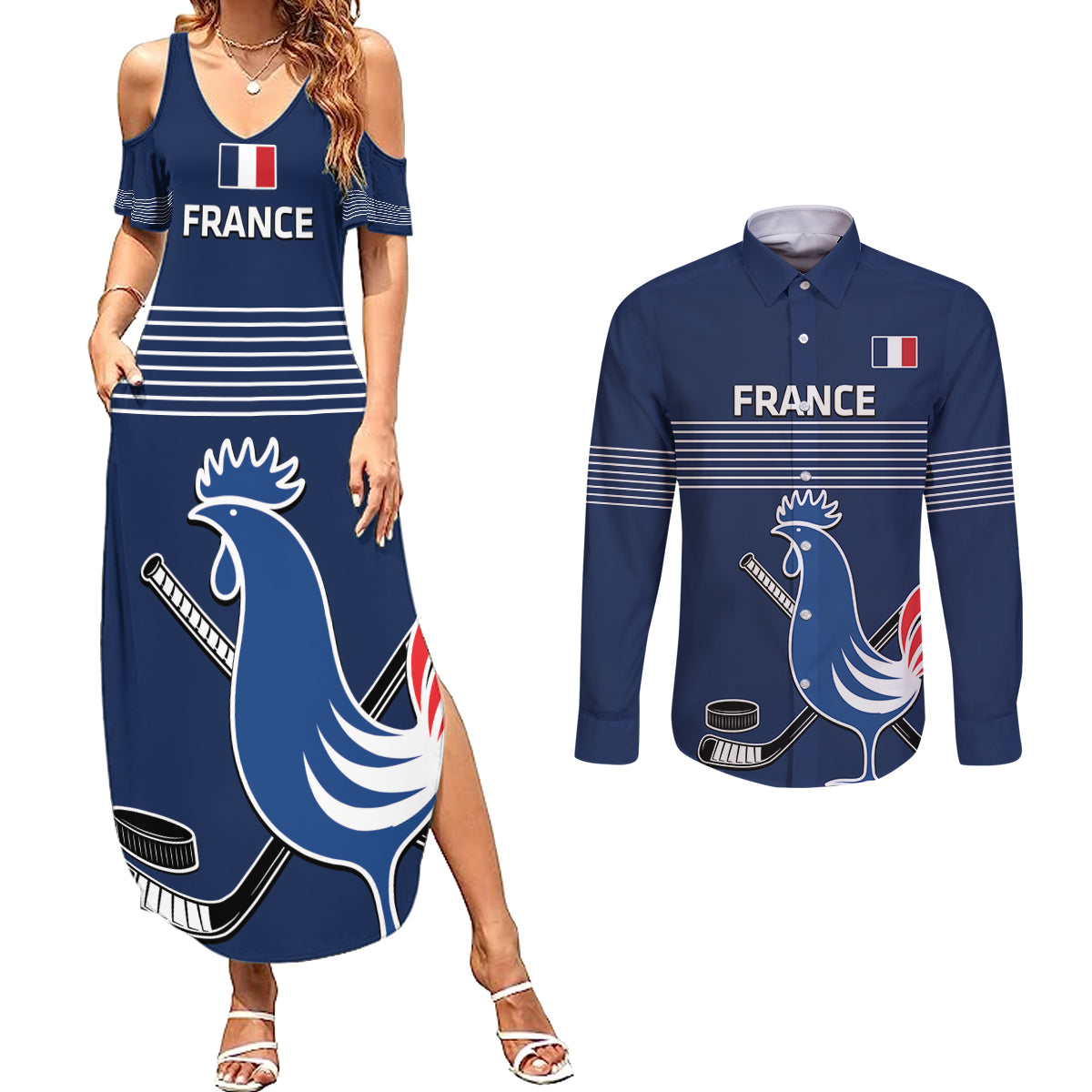 Custom France Hockey Couples Matching Summer Maxi Dress and Long Sleeve Button Shirt Francaise Gallic Rooster