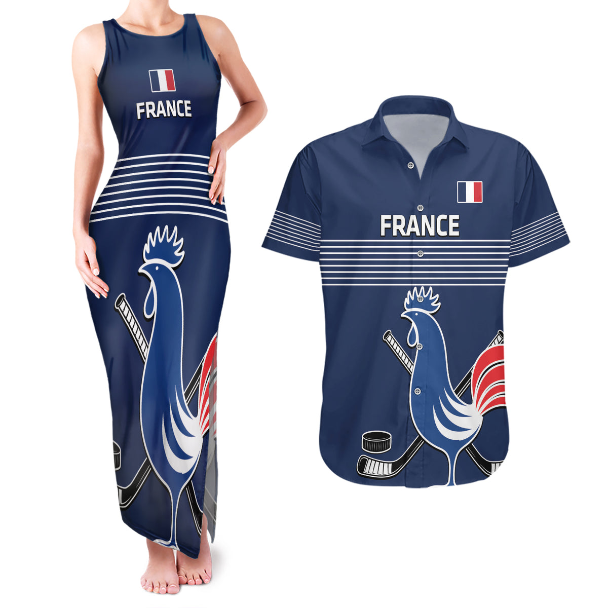 Custom France Hockey Couples Matching Tank Maxi Dress and Hawaiian Shirt Francaise Gallic Rooster - Wonder Print Shop