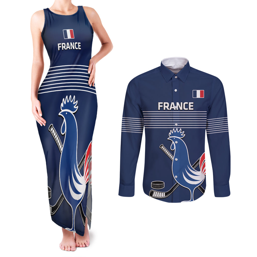 Custom France Hockey Couples Matching Tank Maxi Dress and Long Sleeve Button Shirt Francaise Gallic Rooster - Wonder Print Shop
