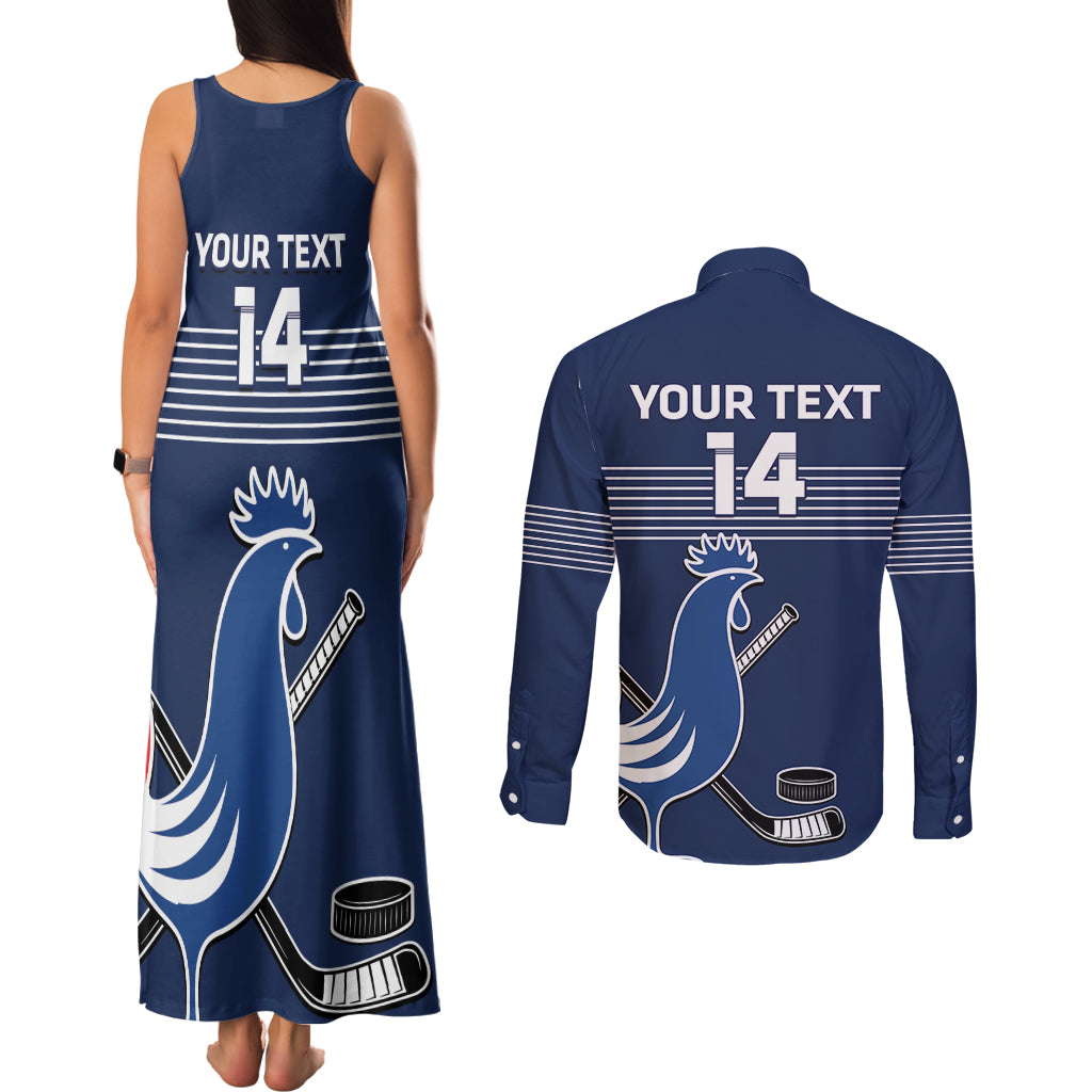 Custom France Hockey Couples Matching Tank Maxi Dress and Long Sleeve Button Shirt Francaise Gallic Rooster - Wonder Print Shop