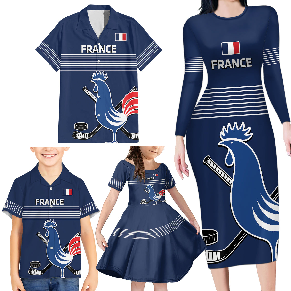 Custom France Hockey Family Matching Long Sleeve Bodycon Dress and Hawaiian Shirt Francaise Gallic Rooster - Wonder Print Shop