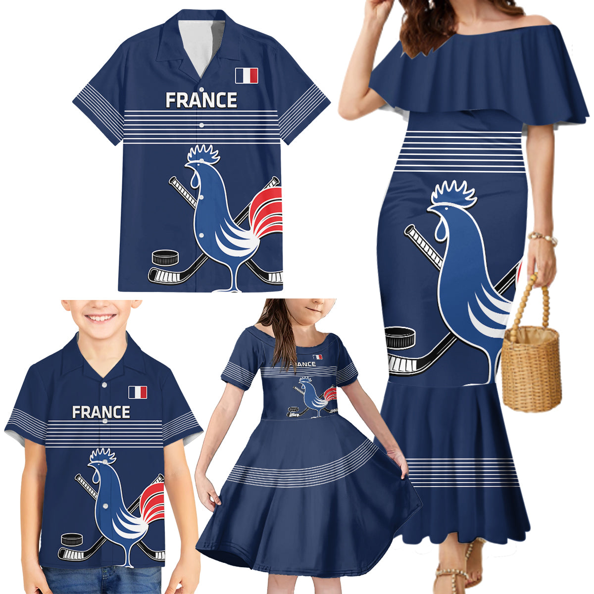 Custom France Hockey Family Matching Mermaid Dress and Hawaiian Shirt Francaise Gallic Rooster - Wonder Print Shop