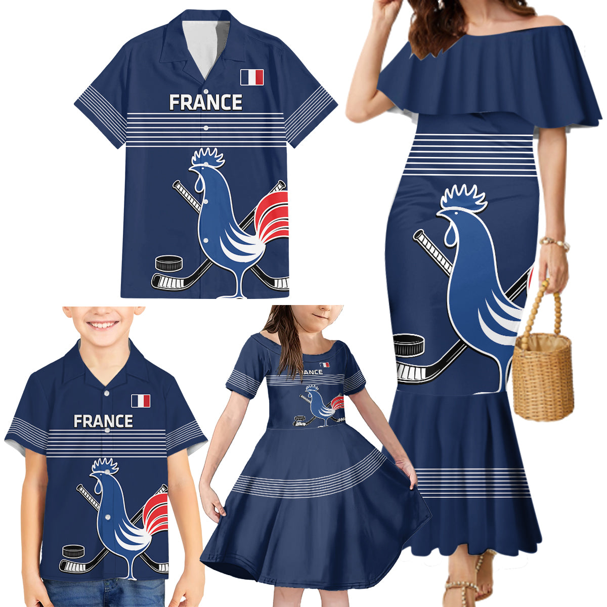 Custom France Hockey Family Matching Mermaid Dress and Hawaiian Shirt Francaise Gallic Rooster