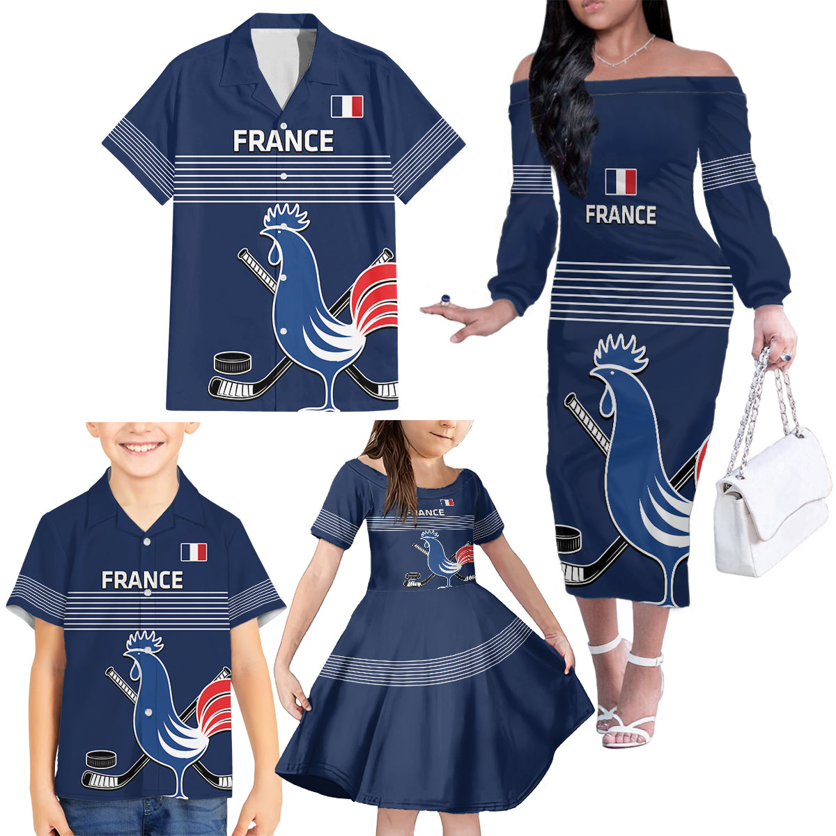 Custom France Hockey Family Matching Off The Shoulder Long Sleeve Dress and Hawaiian Shirt Francaise Gallic Rooster
