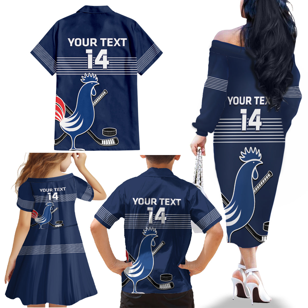 Custom France Hockey Family Matching Off The Shoulder Long Sleeve Dress and Hawaiian Shirt Francaise Gallic Rooster - Wonder Print Shop