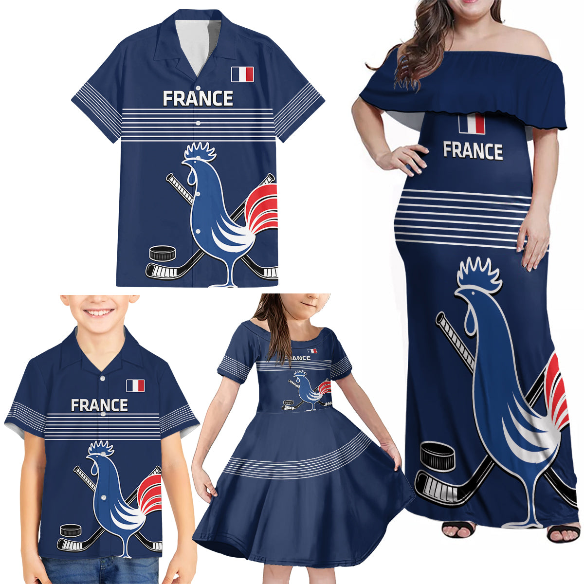 Custom France Hockey Family Matching Off Shoulder Maxi Dress and Hawaiian Shirt Francaise Gallic Rooster - Wonder Print Shop