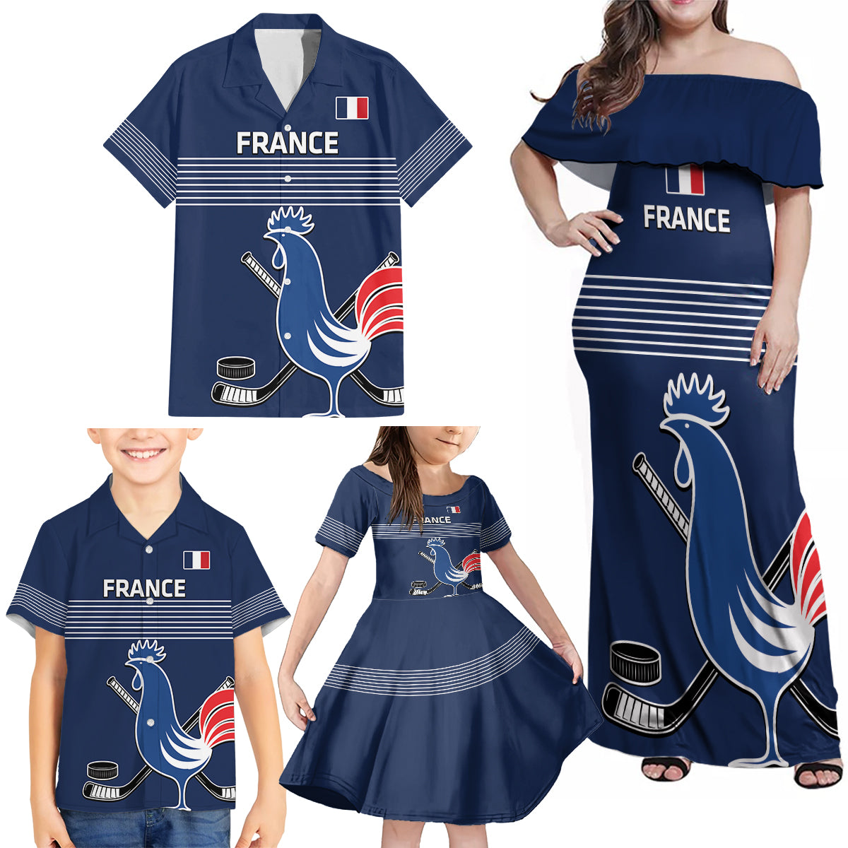 Custom France Hockey Family Matching Off Shoulder Maxi Dress and Hawaiian Shirt Francaise Gallic Rooster