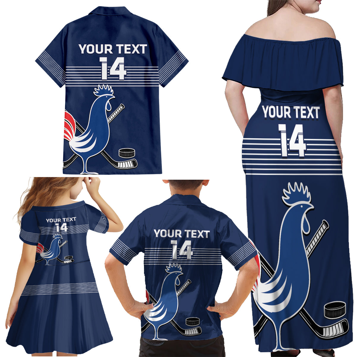 Custom France Hockey Family Matching Off Shoulder Maxi Dress and Hawaiian Shirt Francaise Gallic Rooster - Wonder Print Shop