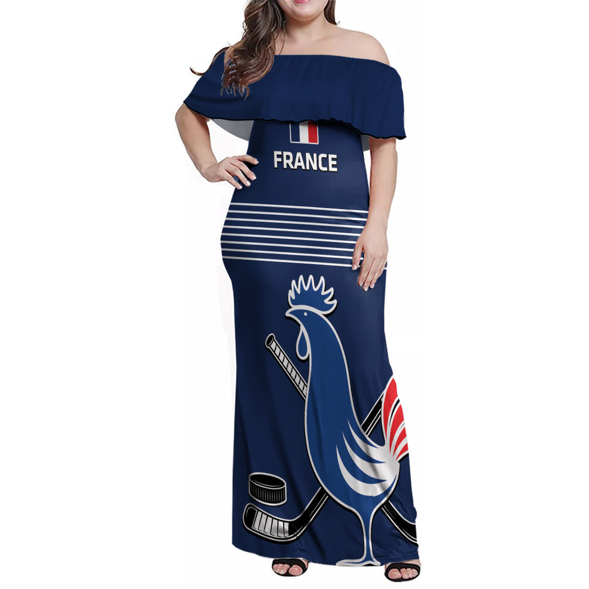 Custom France Hockey Family Matching Off Shoulder Maxi Dress and Hawaiian Shirt Francaise Gallic Rooster - Wonder Print Shop