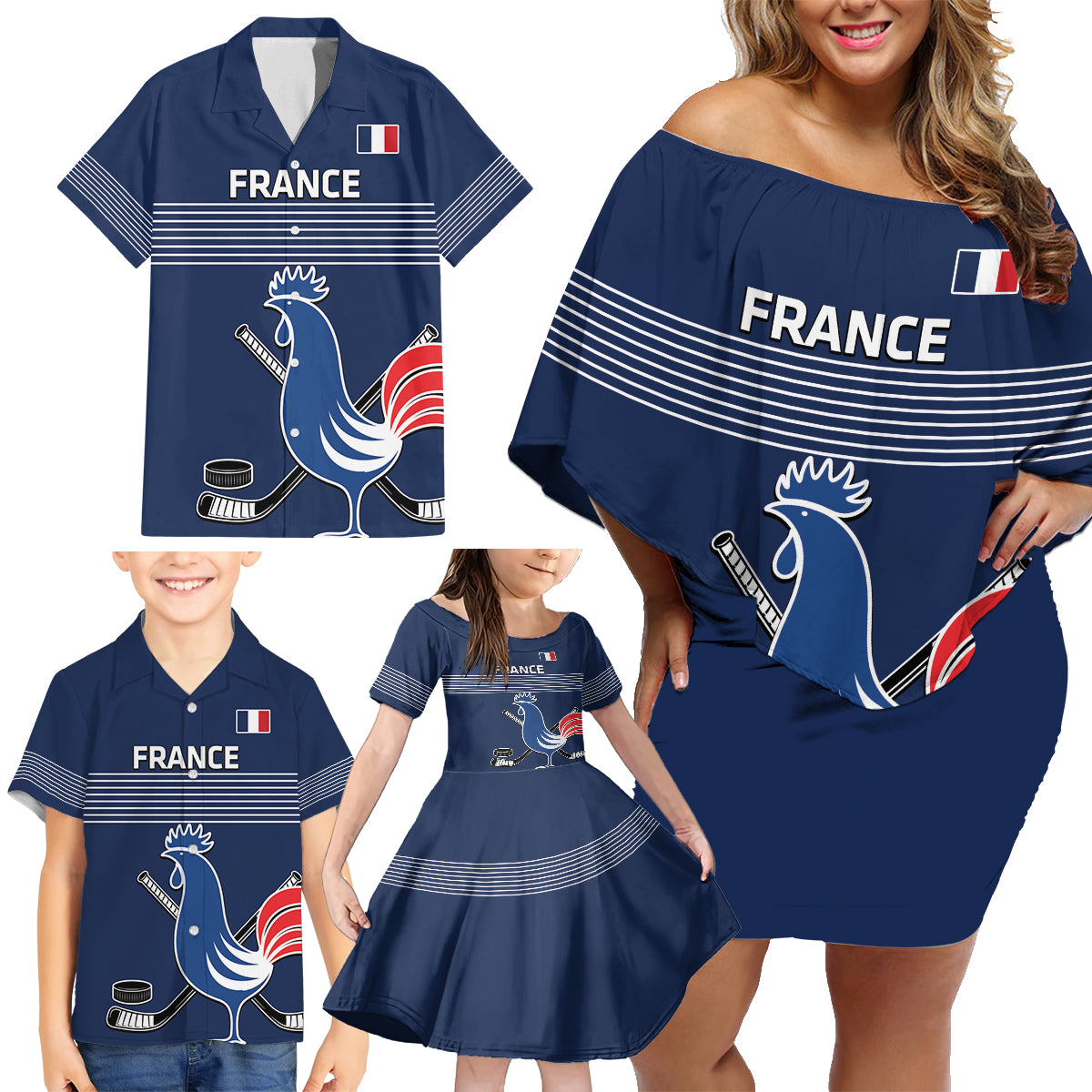 Custom France Hockey Family Matching Off Shoulder Short Dress and Hawaiian Shirt Francaise Gallic Rooster - Wonder Print Shop