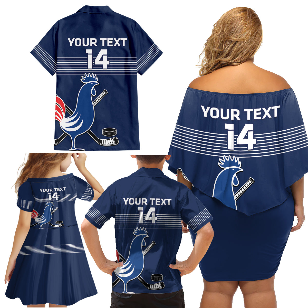 Custom France Hockey Family Matching Off Shoulder Short Dress and Hawaiian Shirt Francaise Gallic Rooster - Wonder Print Shop