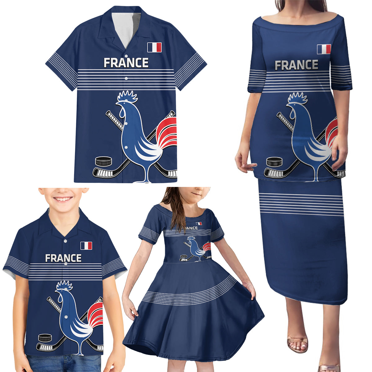 Custom France Hockey Family Matching Puletasi and Hawaiian Shirt Francaise Gallic Rooster - Wonder Print Shop