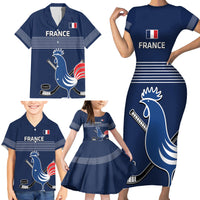 Custom France Hockey Family Matching Short Sleeve Bodycon Dress and Hawaiian Shirt Francaise Gallic Rooster - Wonder Print Shop