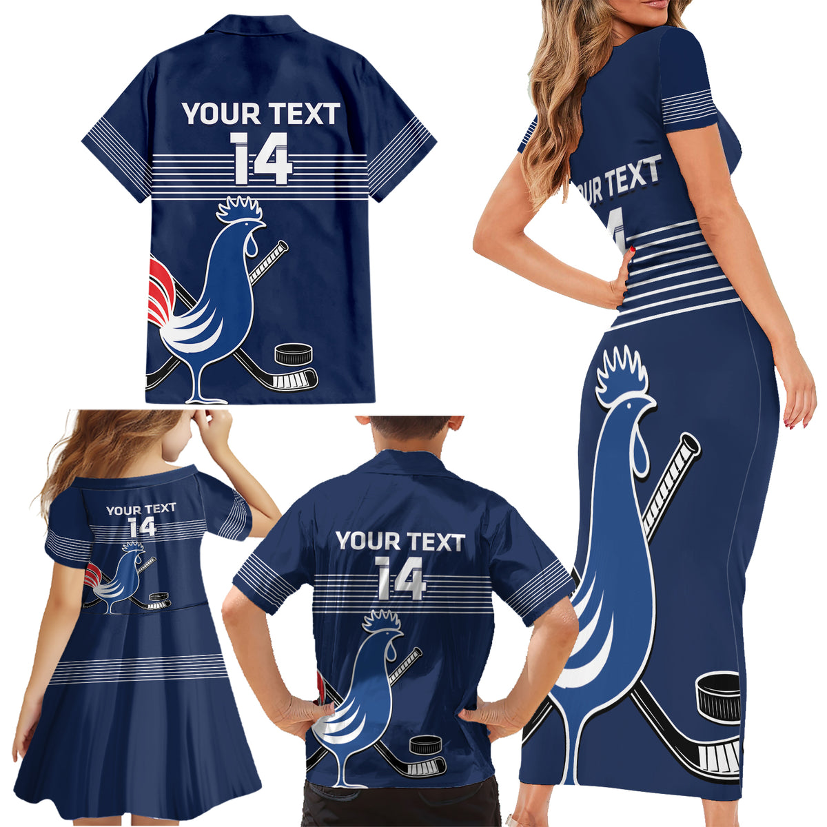 Custom France Hockey Family Matching Short Sleeve Bodycon Dress and Hawaiian Shirt Francaise Gallic Rooster - Wonder Print Shop