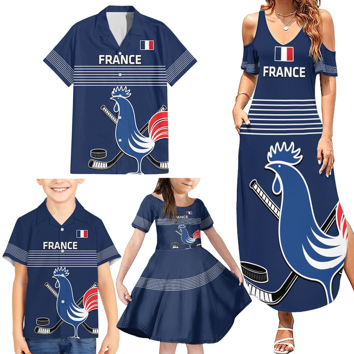 Custom France Hockey Family Matching Summer Maxi Dress and Hawaiian Shirt Francaise Gallic Rooster - Wonder Print Shop