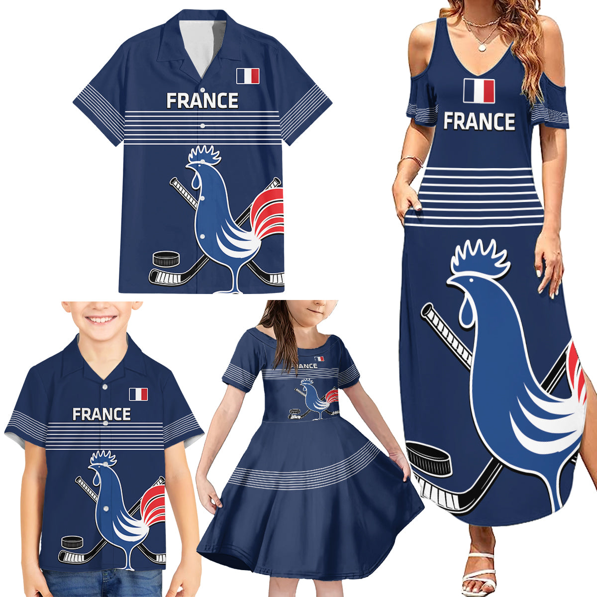 Custom France Hockey Family Matching Summer Maxi Dress and Hawaiian Shirt Francaise Gallic Rooster