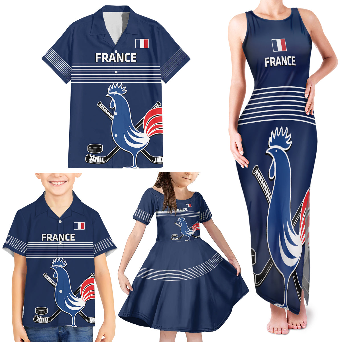 Custom France Hockey Family Matching Tank Maxi Dress and Hawaiian Shirt Francaise Gallic Rooster - Wonder Print Shop