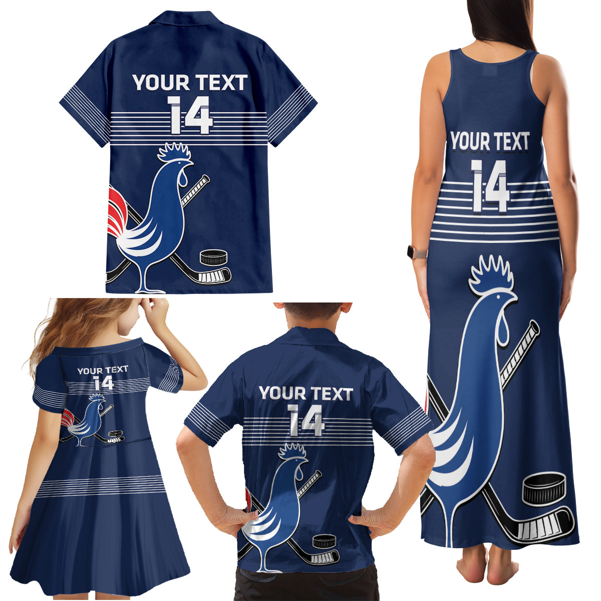 Custom France Hockey Family Matching Tank Maxi Dress and Hawaiian Shirt Francaise Gallic Rooster - Wonder Print Shop