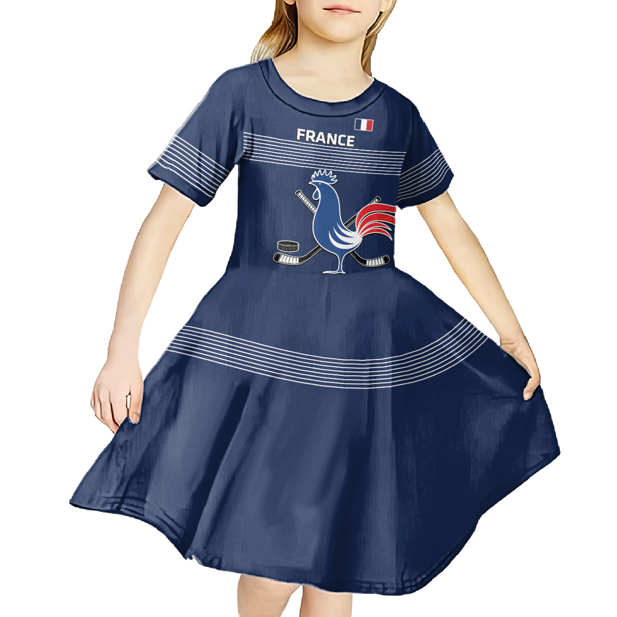 Custom France Hockey Kid Short Sleeve Dress Francaise Gallic Rooster - Wonder Print Shop