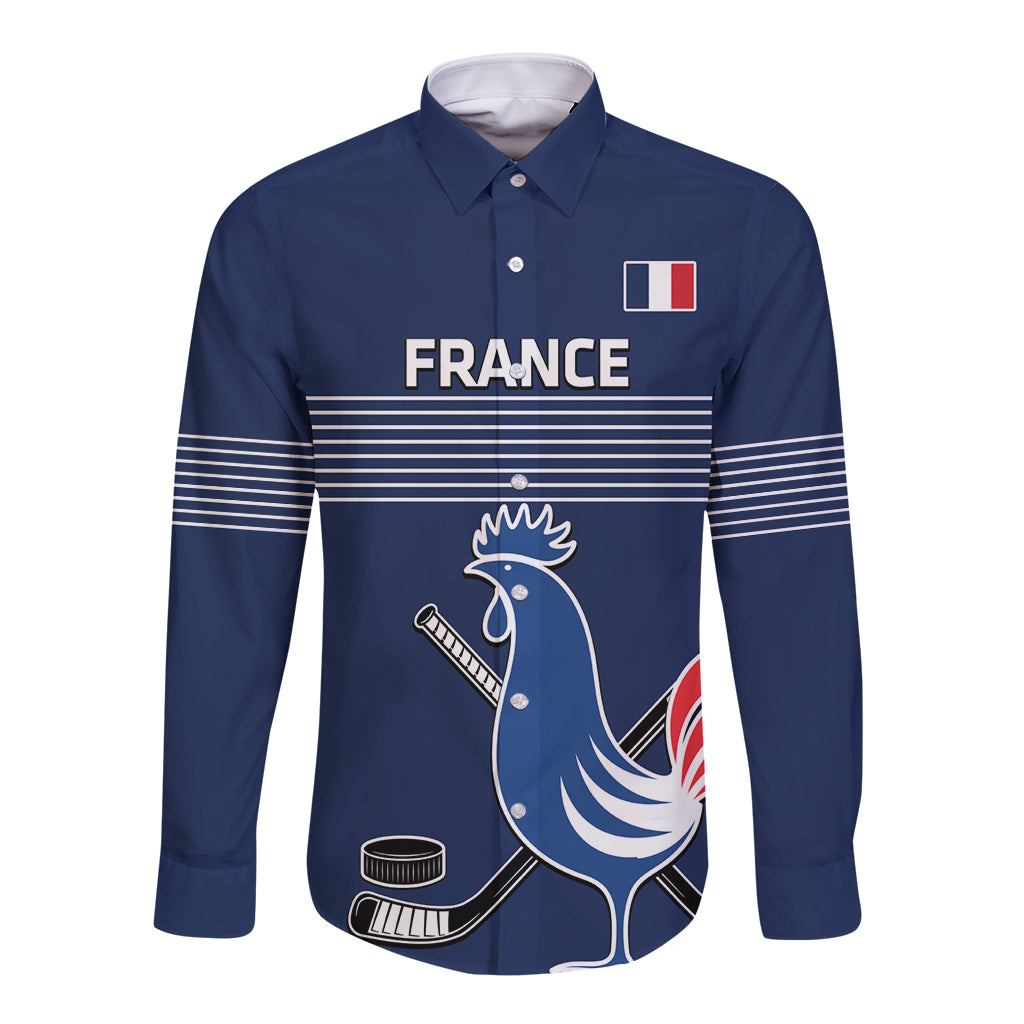 Custom France Hockey Long Sleeve Button Shirt Francaise Gallic Rooster - Wonder Print Shop