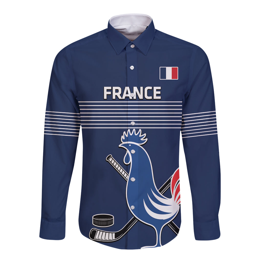 Custom France Hockey Long Sleeve Button Shirt Francaise Gallic Rooster