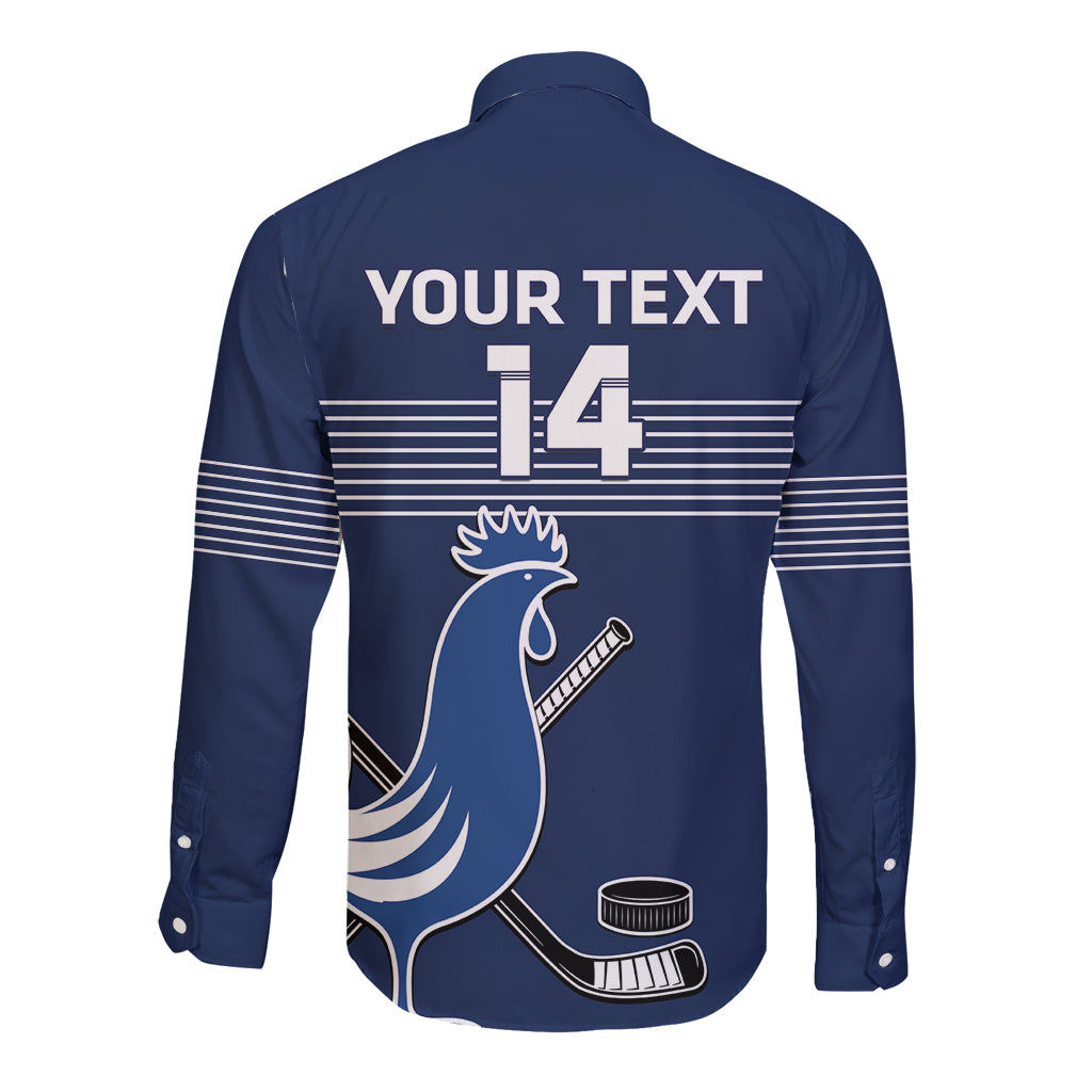 Custom France Hockey Long Sleeve Button Shirt Francaise Gallic Rooster - Wonder Print Shop