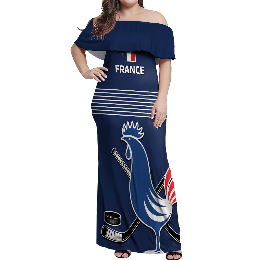 Custom France Hockey Off Shoulder Maxi Dress Francaise Gallic Rooster