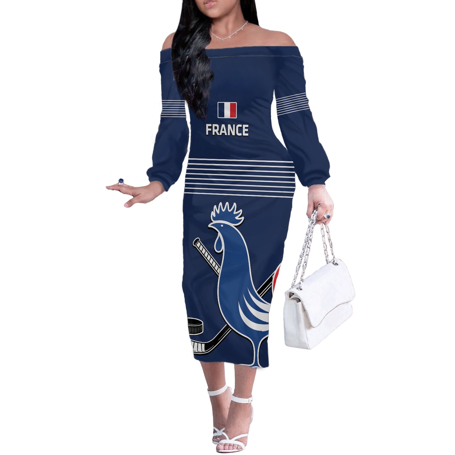 Custom France Hockey Off The Shoulder Long Sleeve Dress Francaise Gallic Rooster