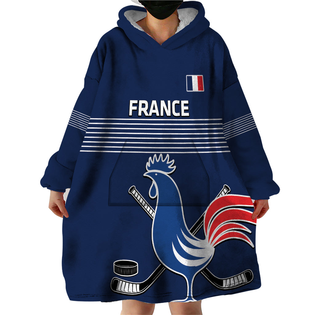 Custom France Hockey Wearable Blanket Hoodie Francaise Gallic Rooster - Wonder Print Shop